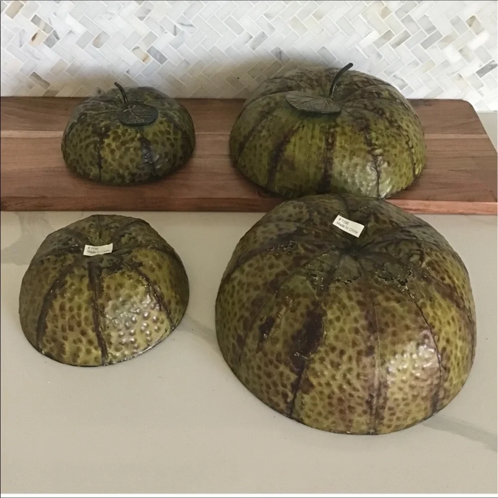 Two (2) Large & One (1) Small Distressed Hammered Metal Green Bowls With Lid - Picture 2 of 7